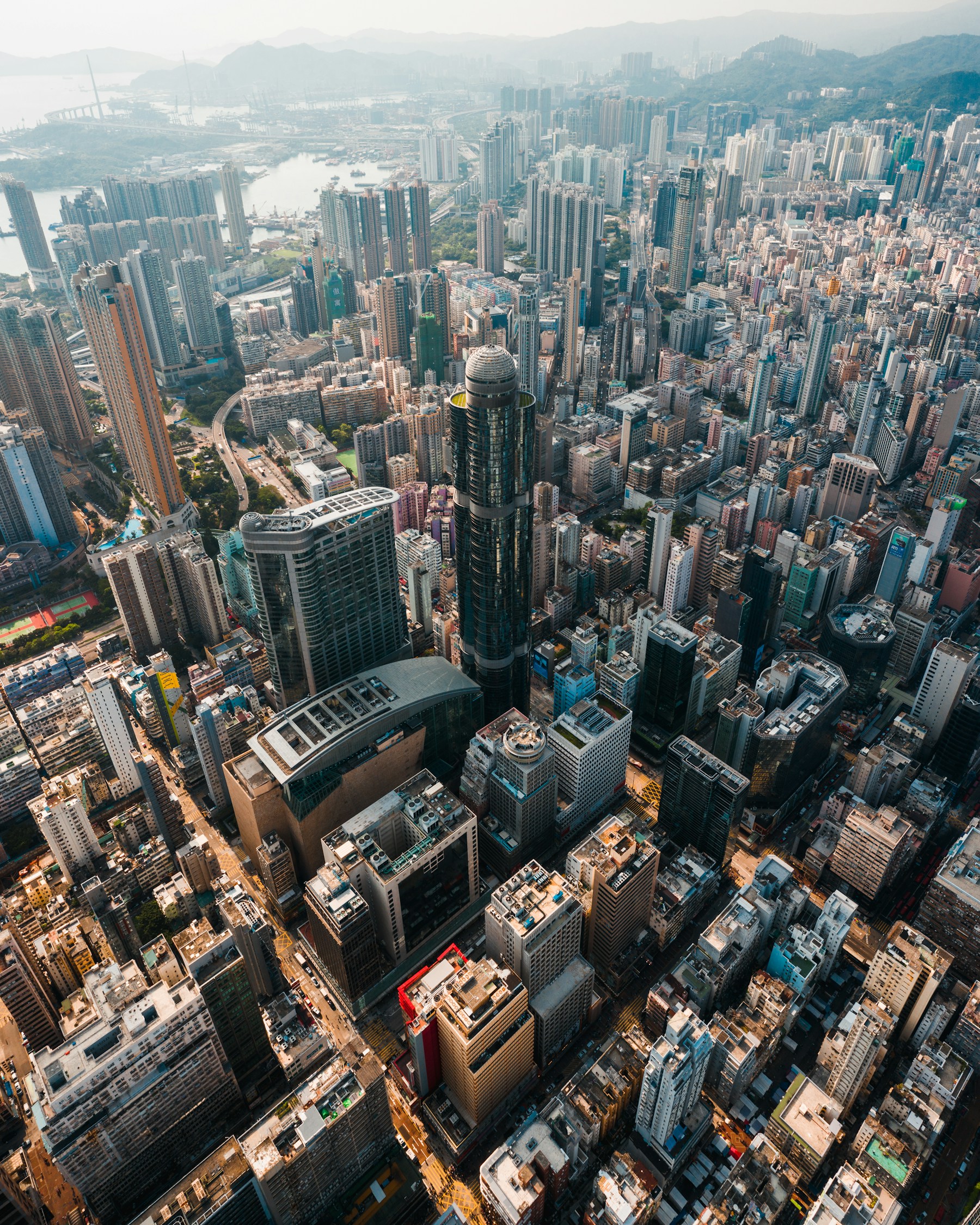 Bird’s-eye view of a city skyline and urban real estate