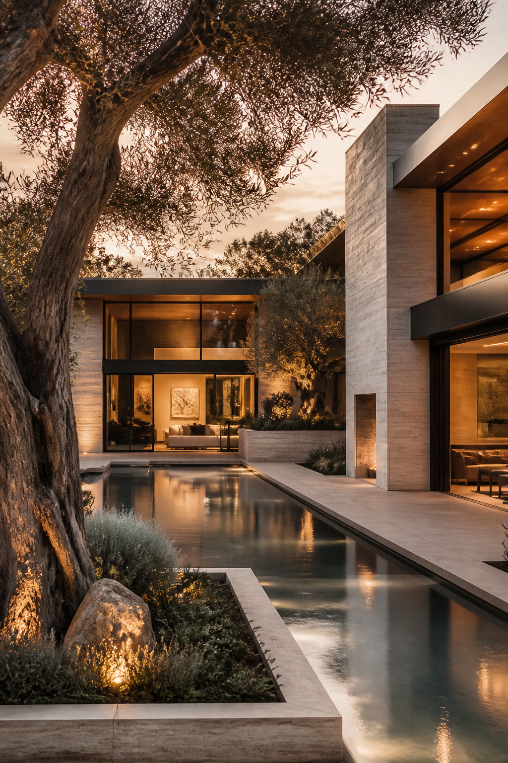 Contemporary Southern California estate with illuminated travertine architecture and a reflecting pool